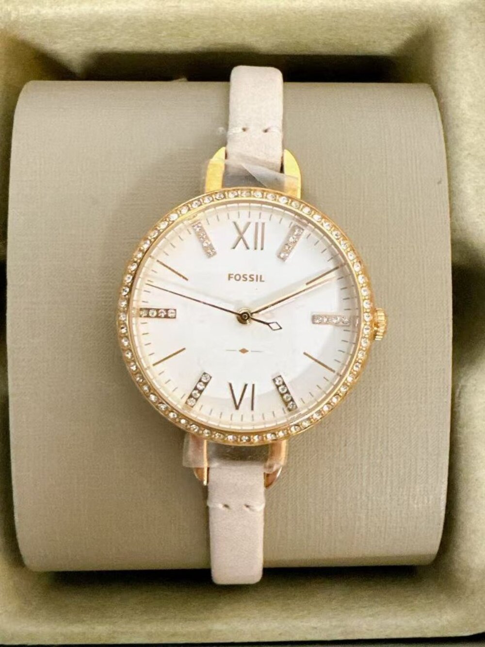 Fossil Annette ES4402 Rose Gold Crystal Bezel Pink Leather Quartz Watch